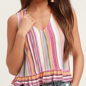 Lulu's Dreaming of Sunshine Pink Multi Striped Ruffled Cropped Tank Top